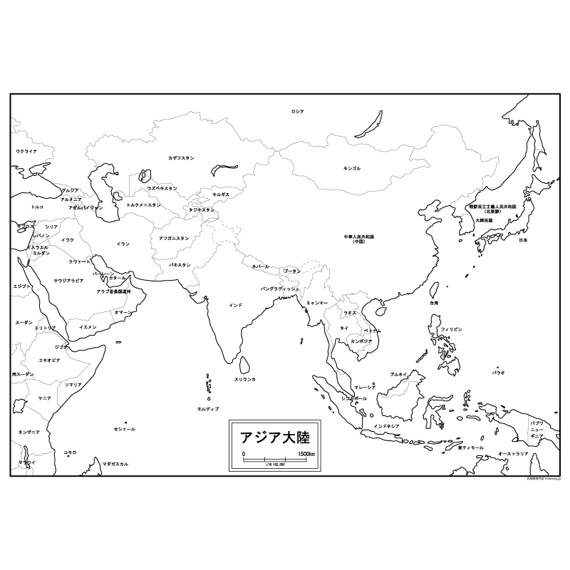 アジア大陸（拡大）の白地図のサムネイル