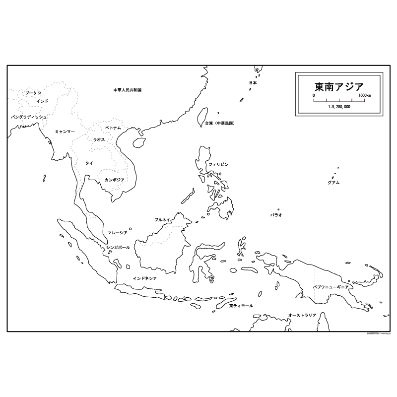 東南アジア大陸全図の白地図のサムネイル
