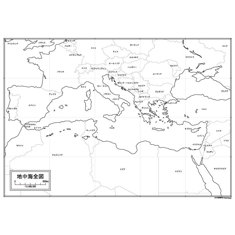地中海全図の白地図のサムネイル