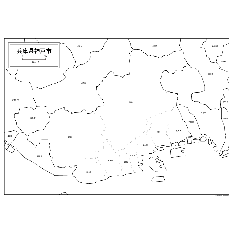 兵庫県神戸市の白地図のサムネイル