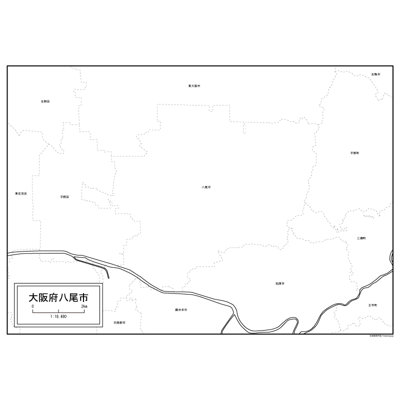 八尾市の白地図のサムネイル